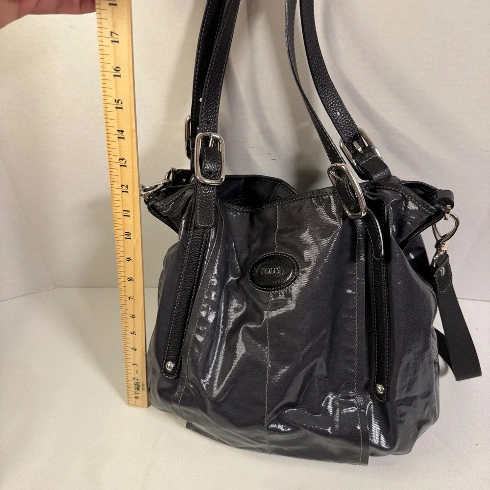 Tod's G-Bag Medium Tote Black Coated Canvas Leather Trim Adjustable Strap Luxury